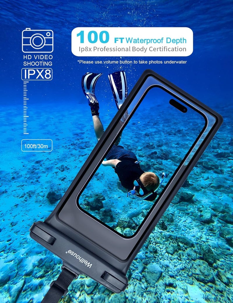 Wellhouse Waterproof Phone Pouch, Waterproof Phone Case for iPhone 16 15 14 13 12 Pro Max XS Samsung, IPX8 3D Cellphone Dry Bag Beach Essentials (2 Pack - Black & White8.0, 8 inch) - Image 3
